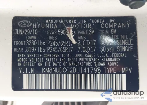 2011 Hyundai Veracruz Gls z USA, uszkodzony, nr VIN KM8NUDCC2BU141795